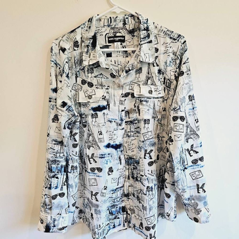 Karl Lagerfeld Paris Women's Long Sleeve Whimsical Blouse L - Picture 3 of 8